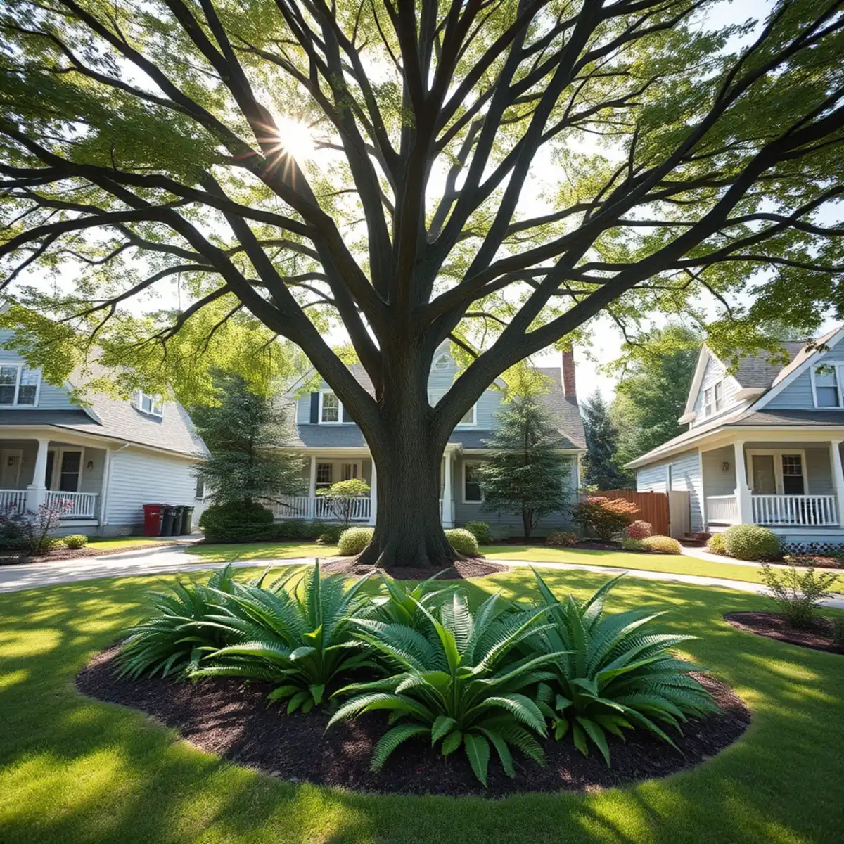 Mature specimen tree and shade planting in a Braintree, MA yard