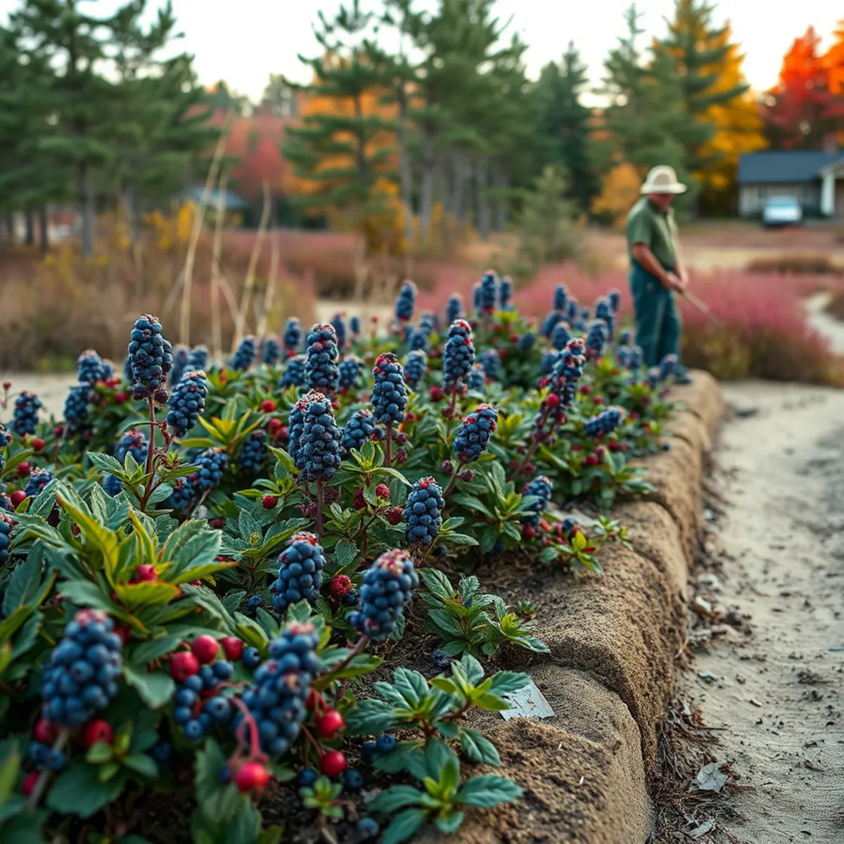 Native acid-loving planting beside a cranberry bog in Carver, MA