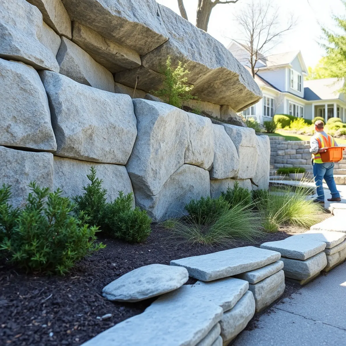 Planting designed around exposed granite ledge in Cohasset, MA