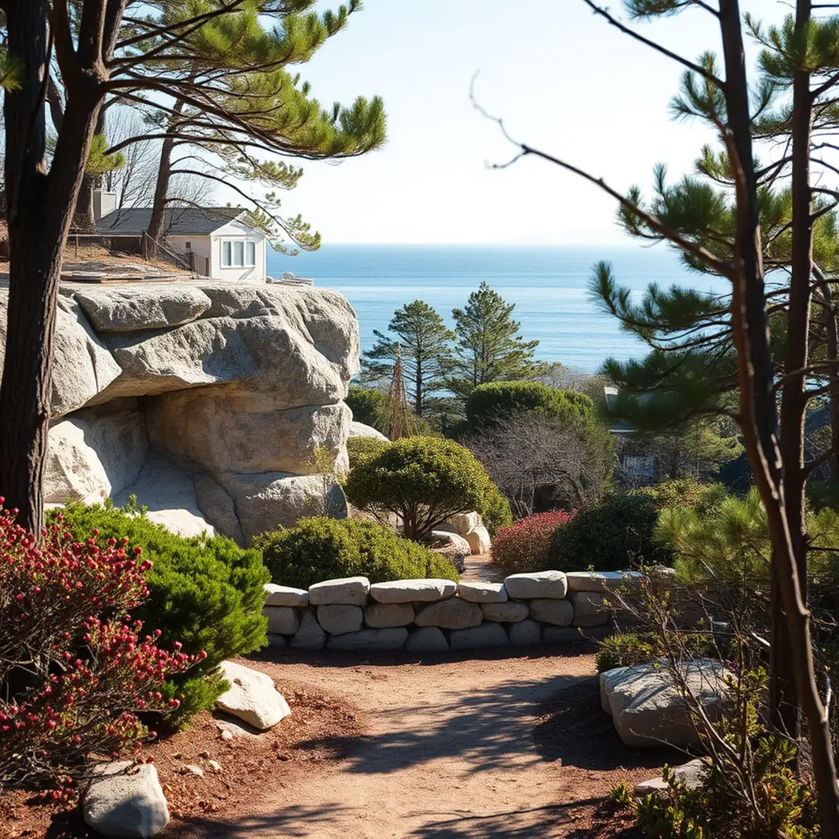 Stone wall and coastal planting at a Cohasset, MA property