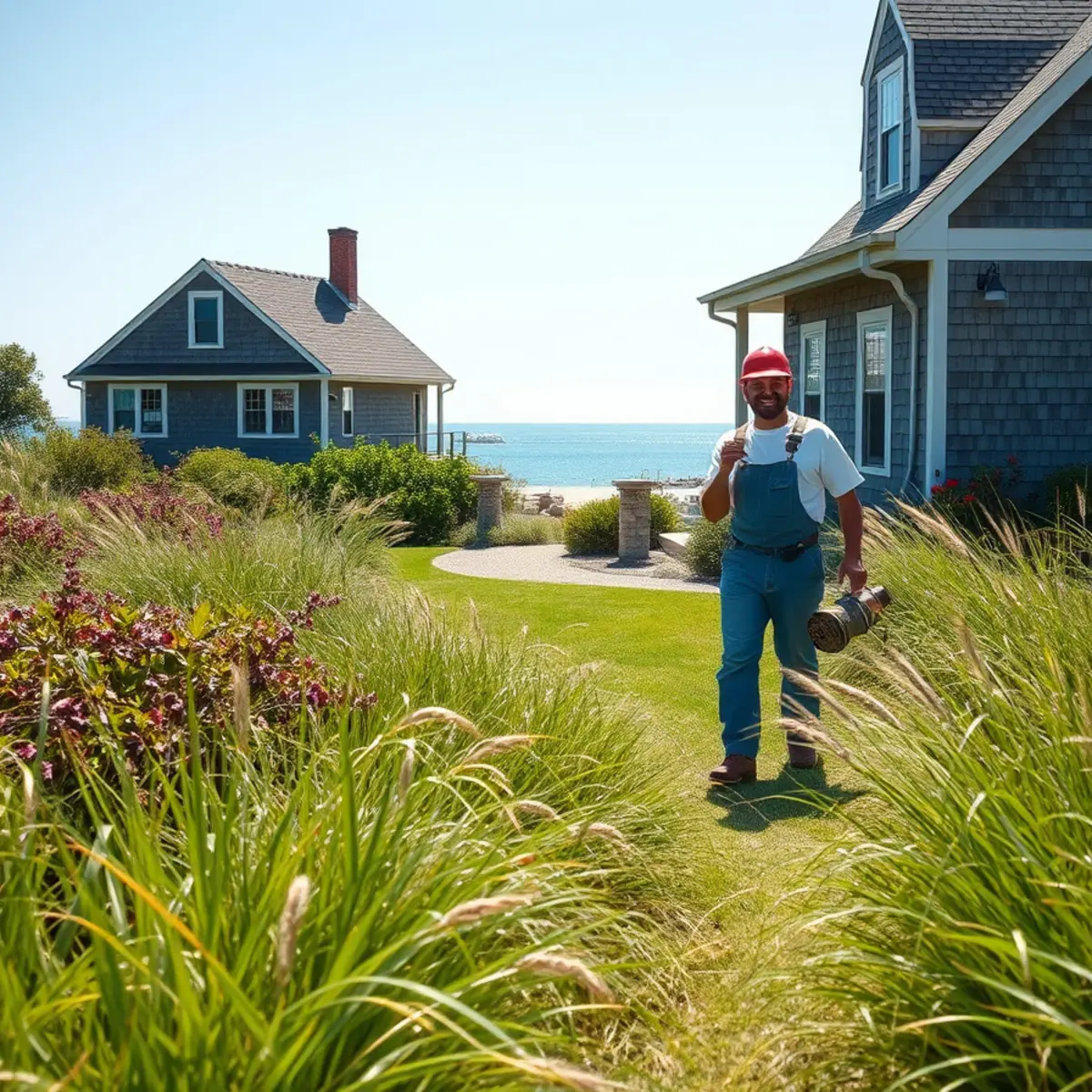 Coastal landscaping with beach grass and lawn at a Duxbury, MA property