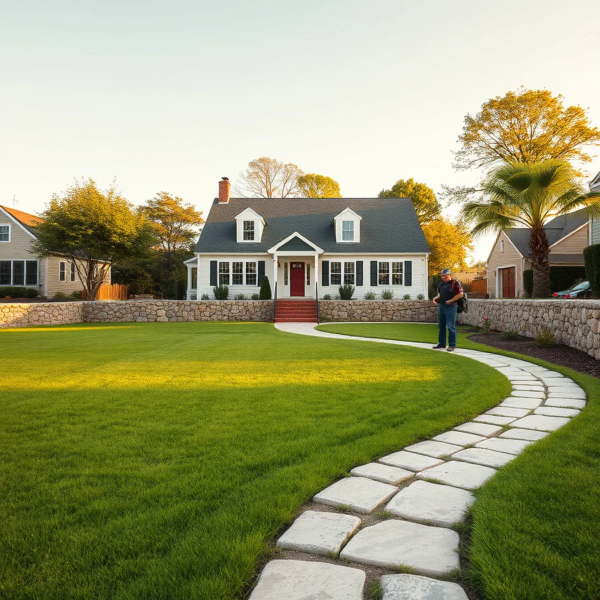 Landscaped yard with stone walkway in East Bridgewater, MA