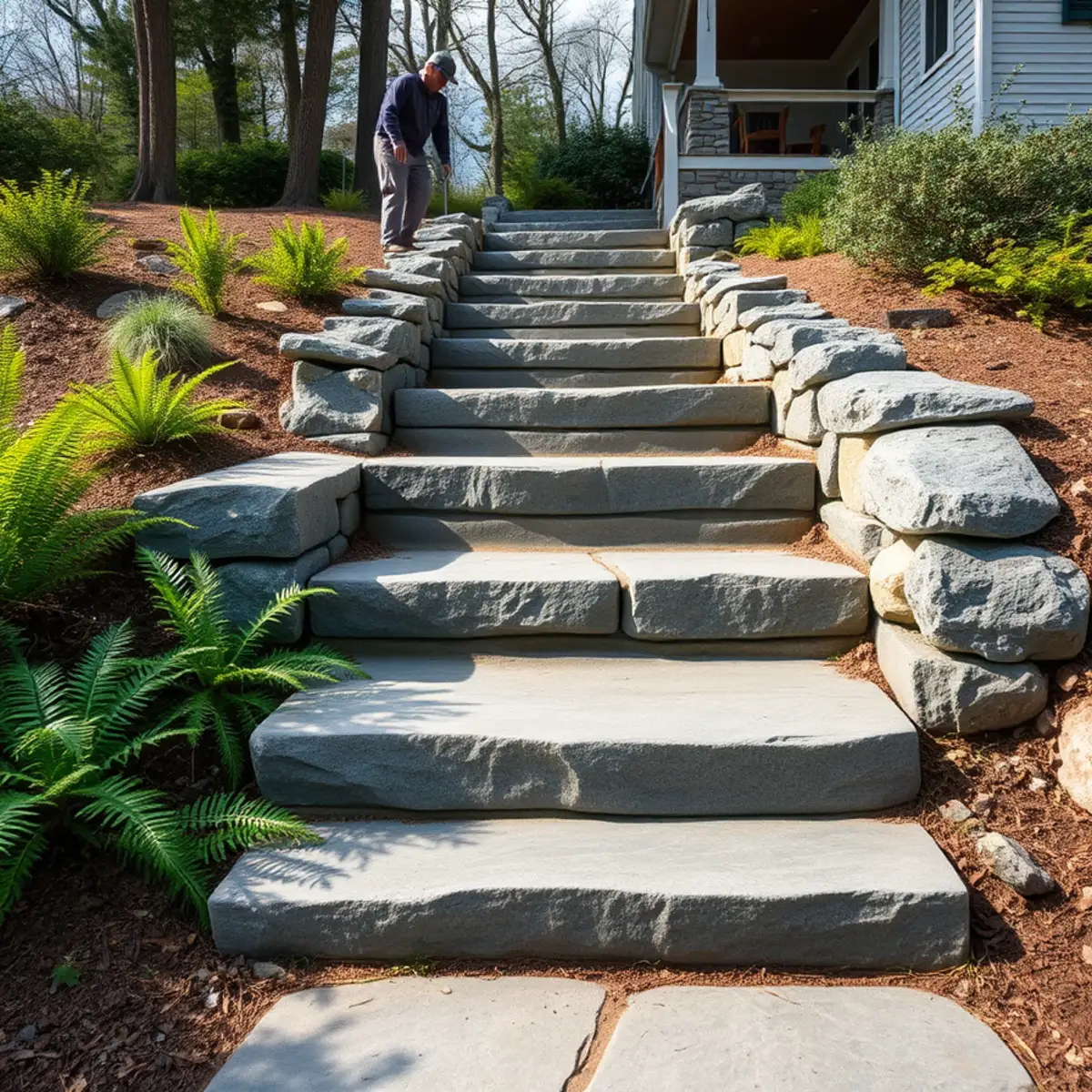 Granite slab steps set into a slope in Easton, MA