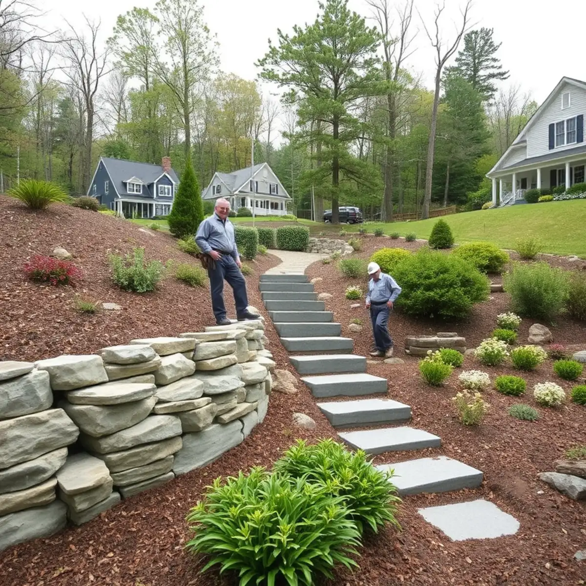 Stone wall and landscaped grounds at a home in Easton, MA
