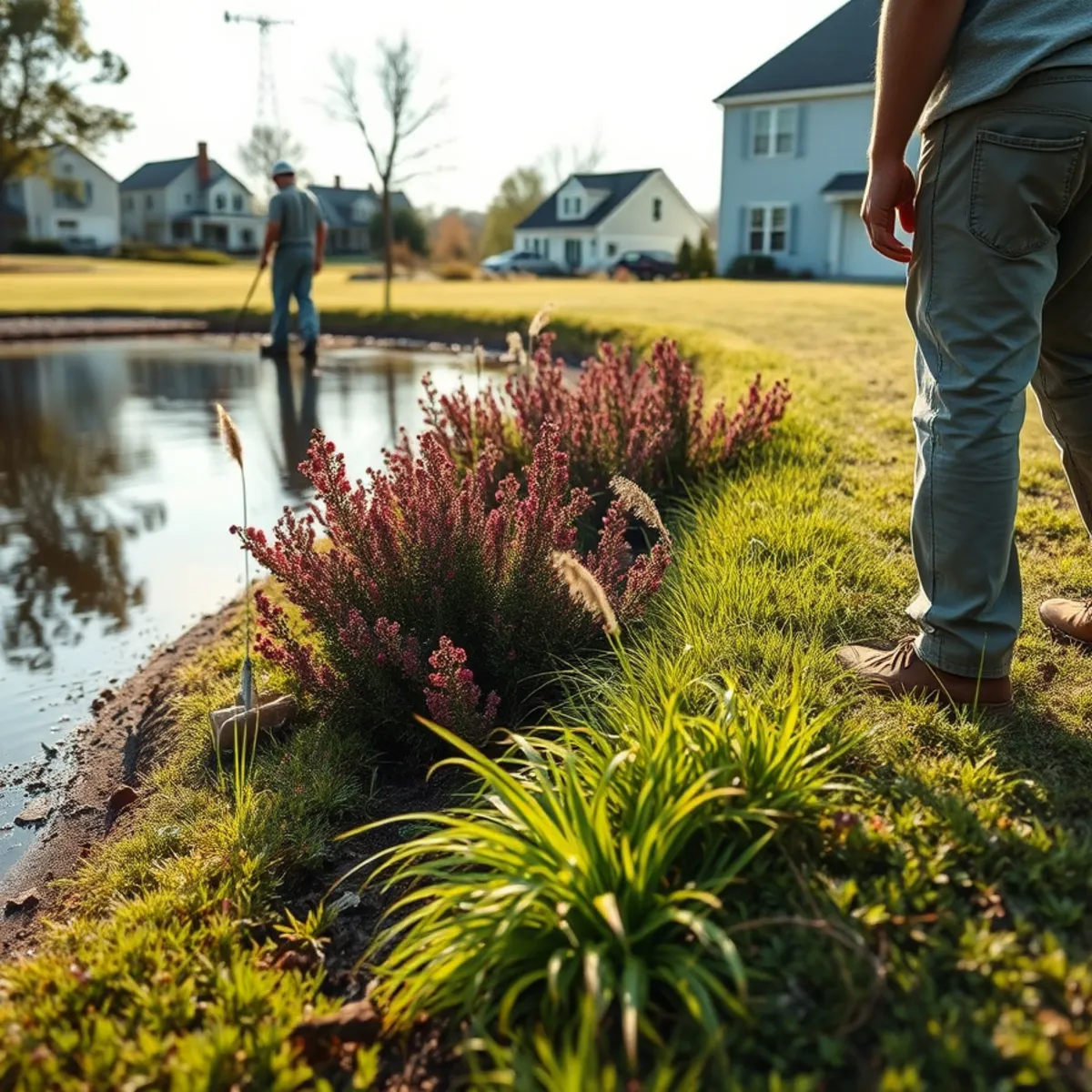 Native shoreline buffer planting beside a pond in Halifax, MA