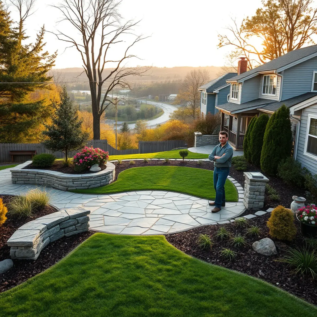 Landscape design with stone patio at a home in Hanover, MA