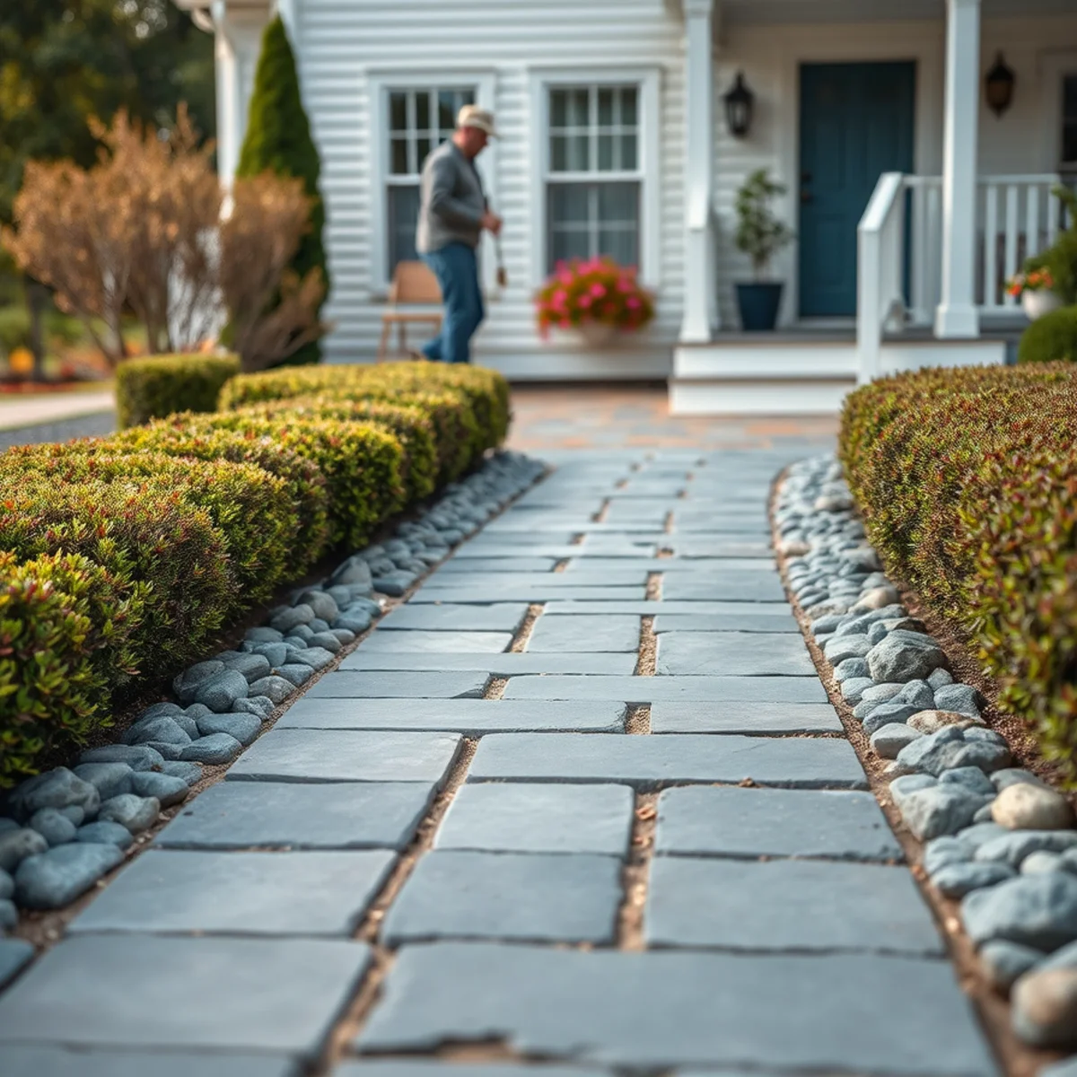 Bluestone walkway with granite edging at a Hingham, MA home