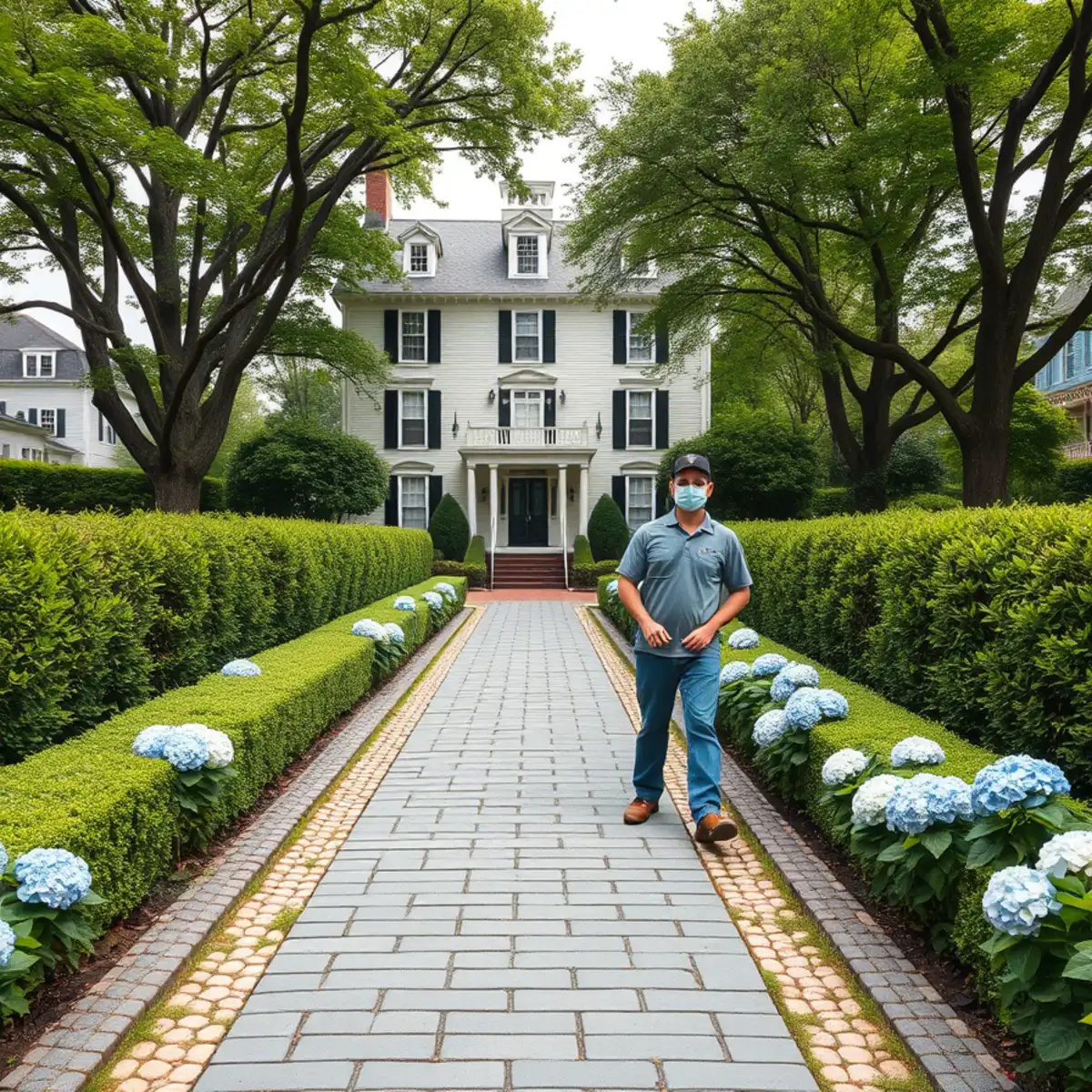 Historic home with formal landscaping and bluestone walkway in Hingham, MA