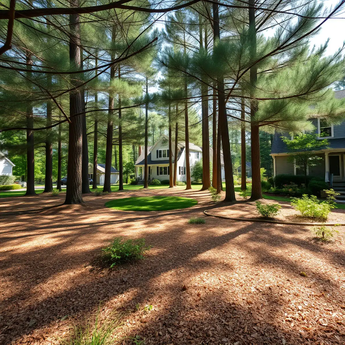 Pine-shaded residential yard with needle-mulched beds in Pembroke, MA