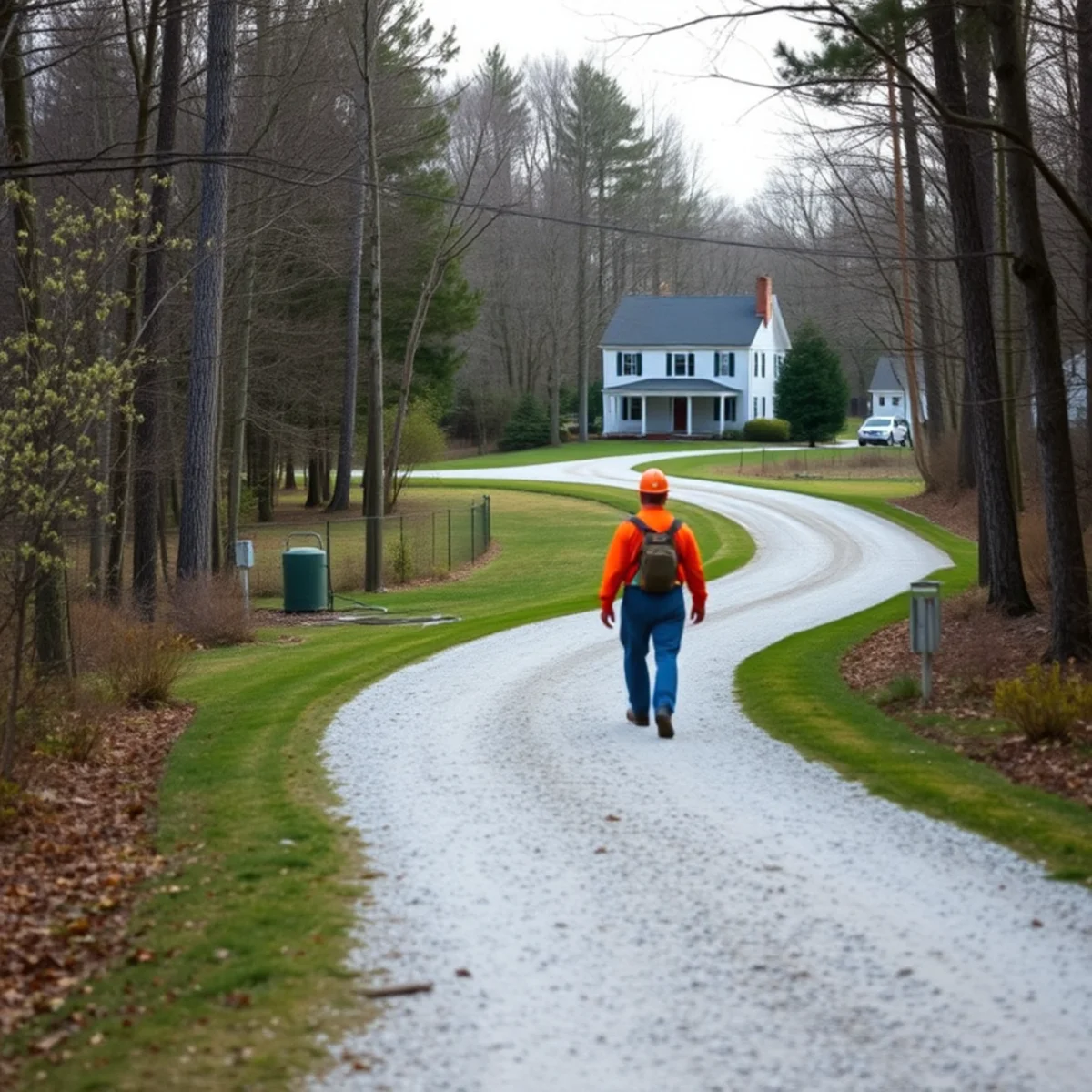 Long gravel driveway and rural landscape in Plympton, MA