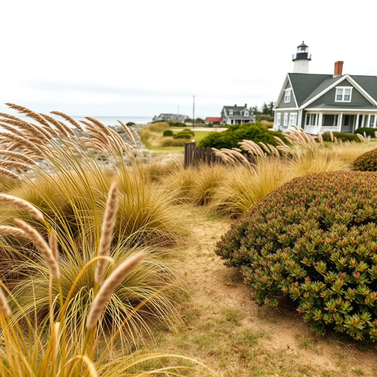 Coastal property with ornamental grasses and lawn in Scituate, MA