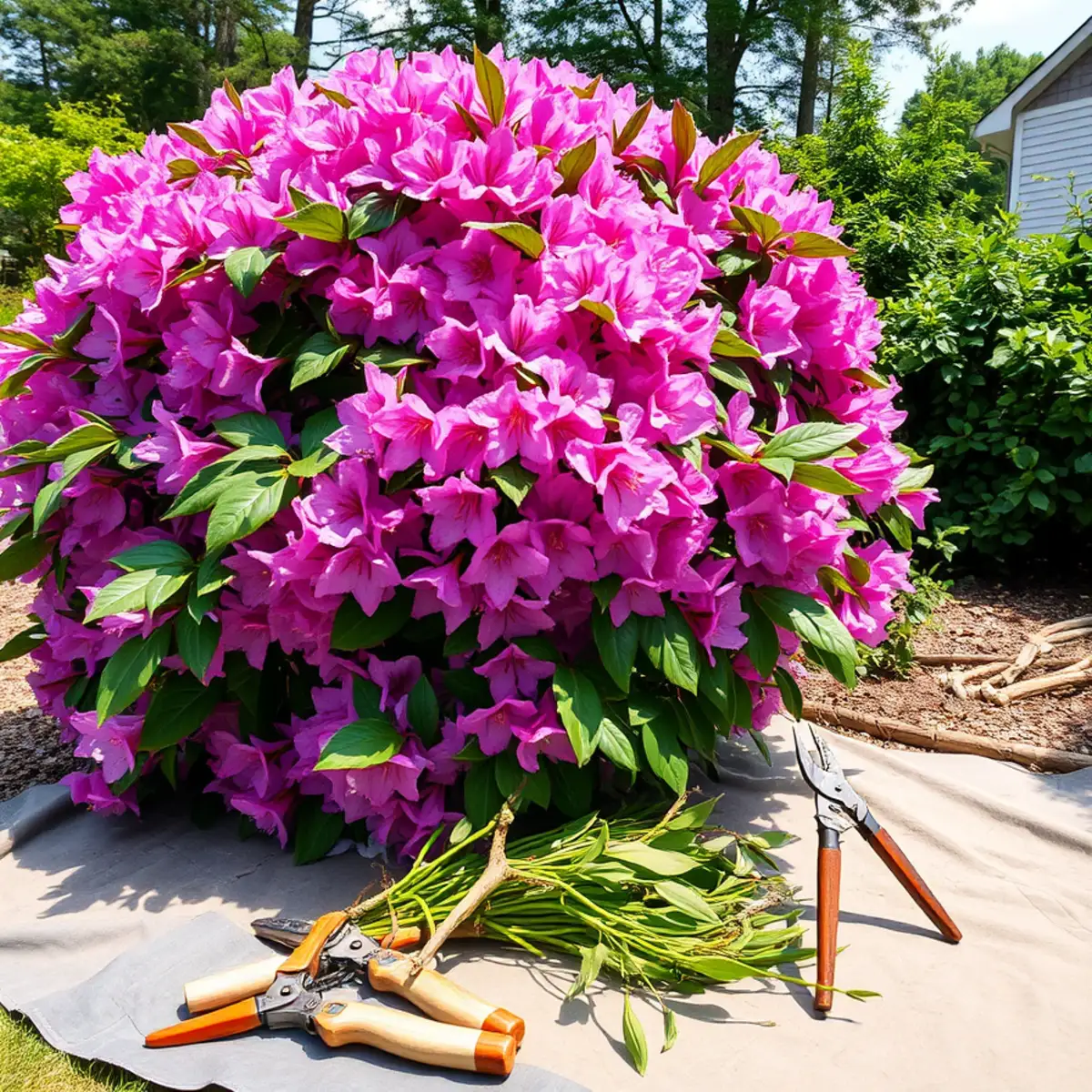 Mature rhododendron being restored by selective pruning in Stoughton, MA