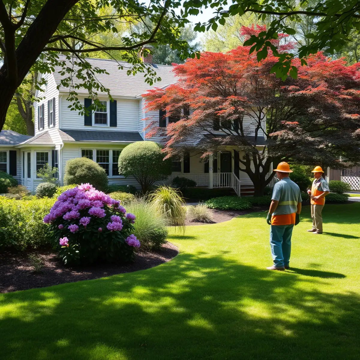 Landscaped front yard with shrubs at a home in Stoughton, MA