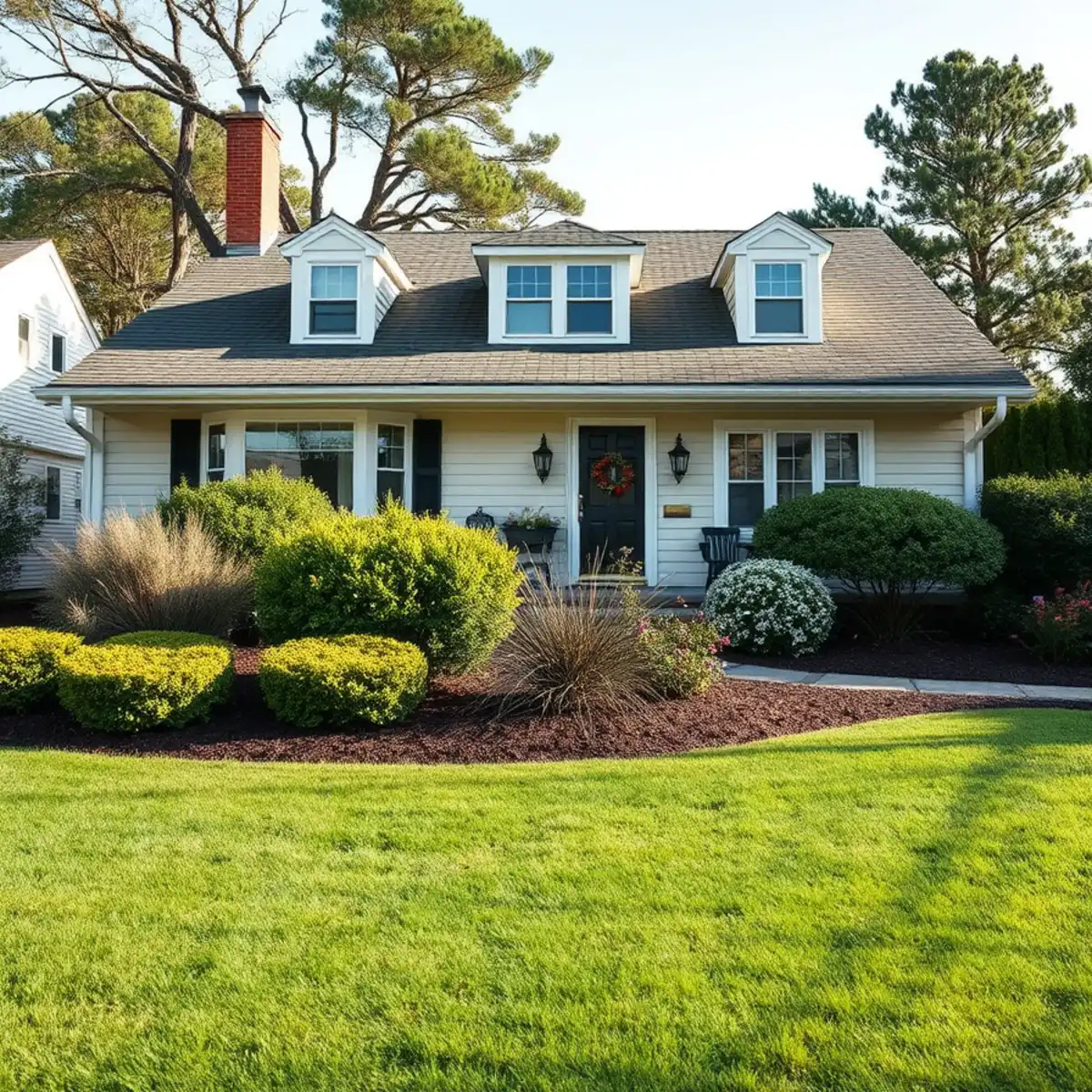 Landscaped yard with mulched beds at a Weymouth, MA home