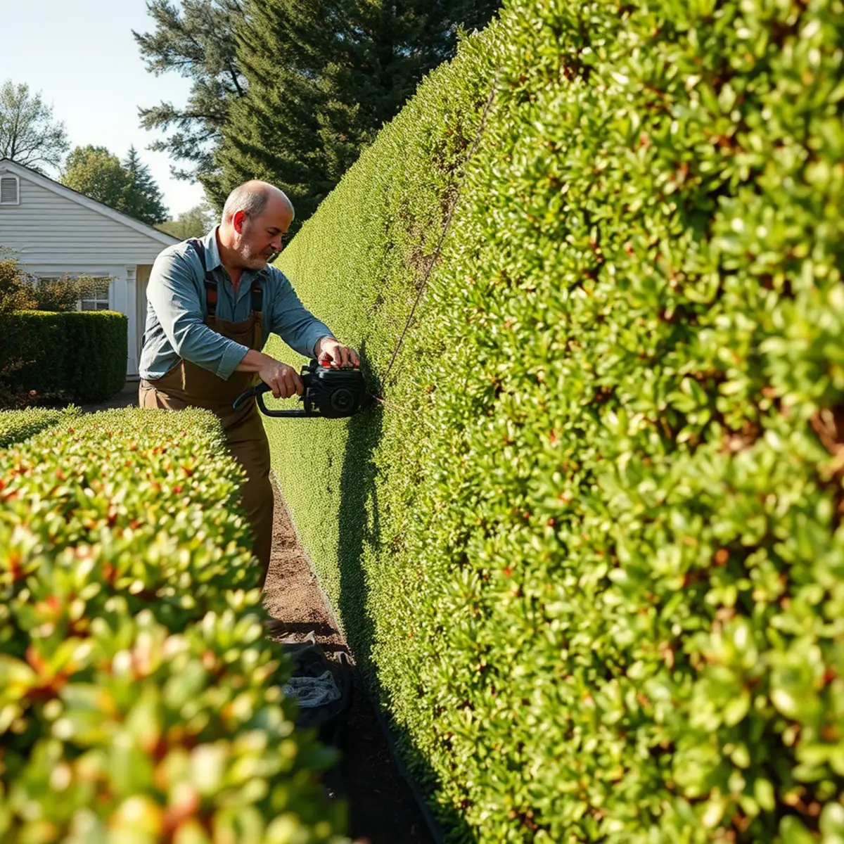 Landscaper shearing a tapered hedge at a South Shore Massachusetts property