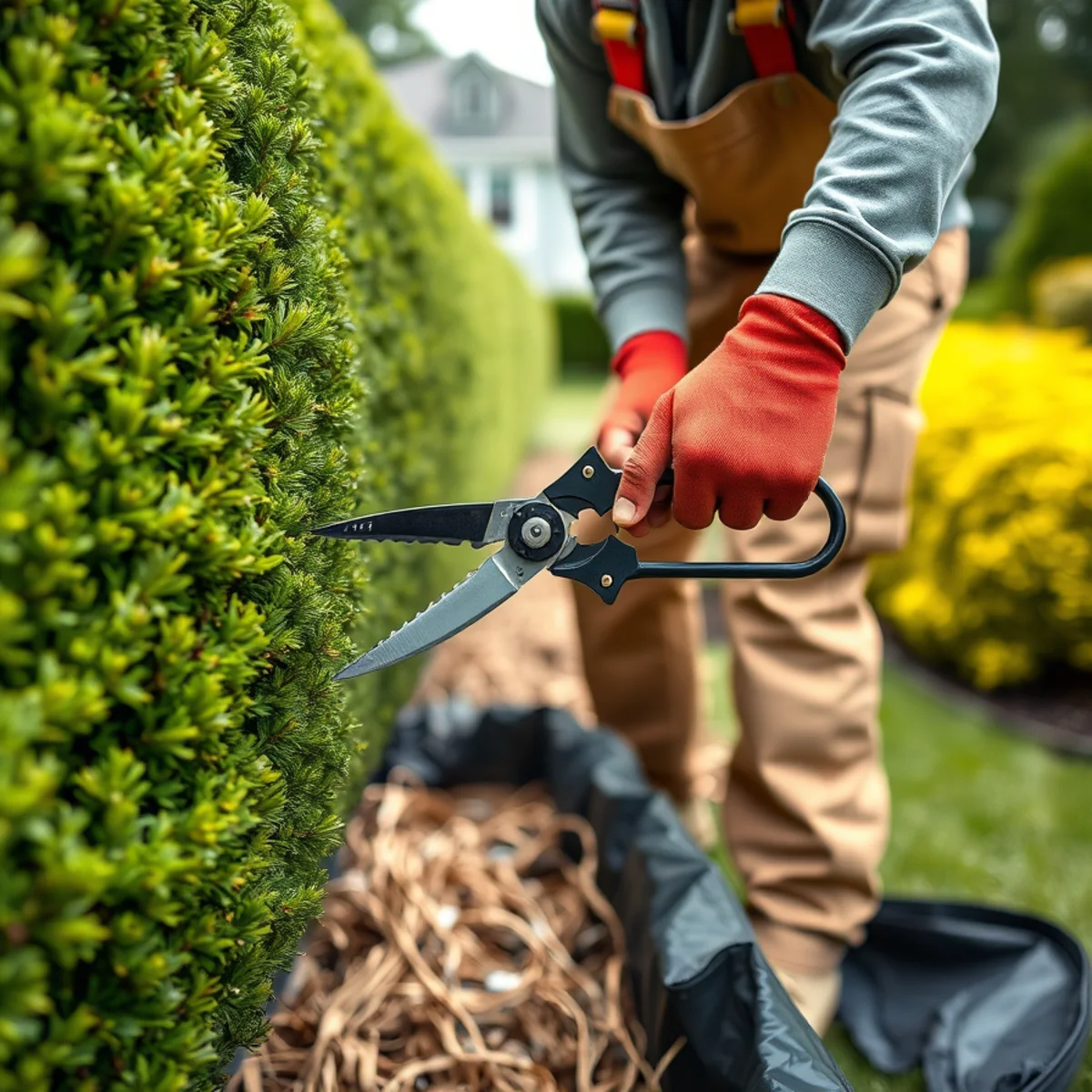 Landscaper hand-pruning a hedge at a Whitman, MA home