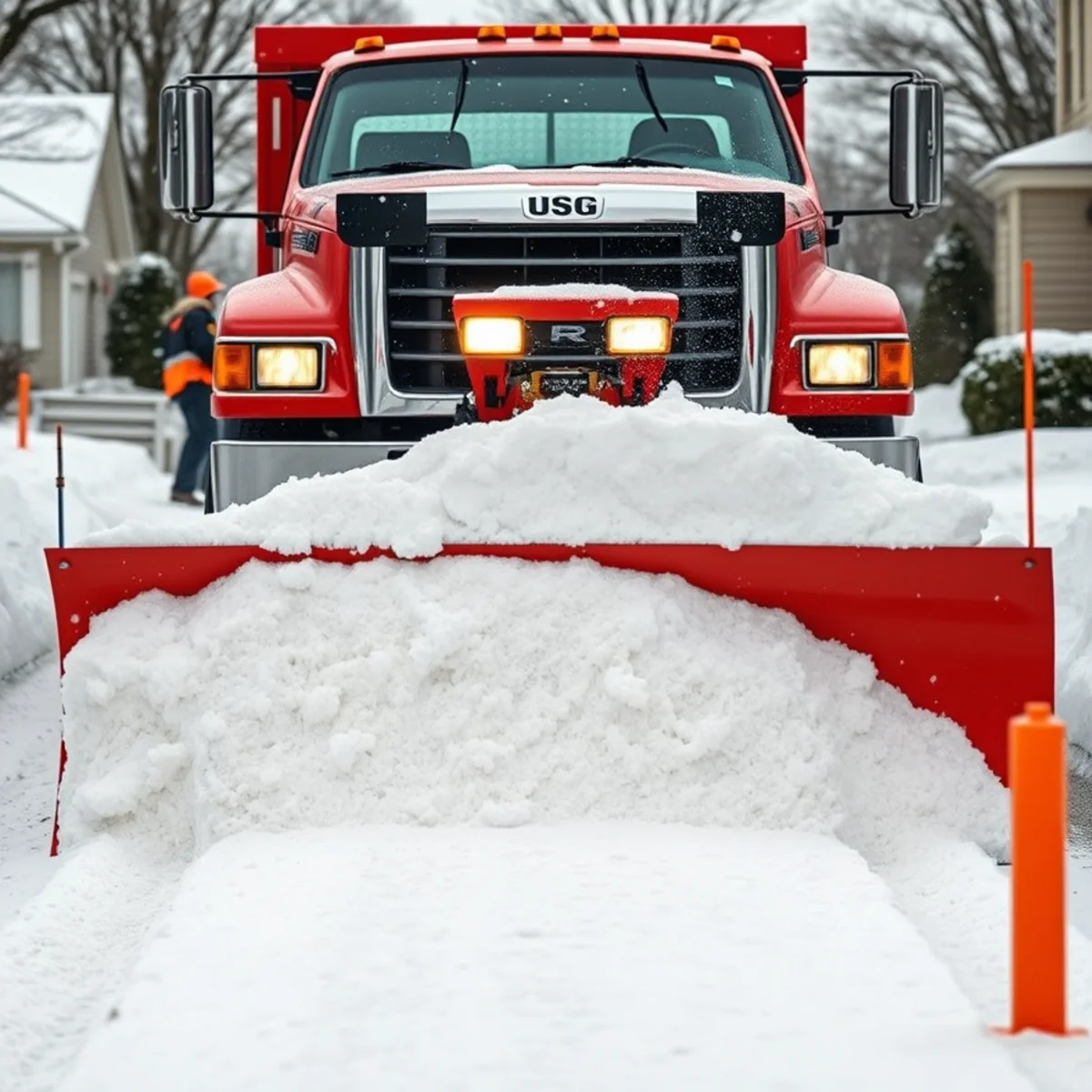 Plow truck clearing a snow-covered driveway in Whitman, MA