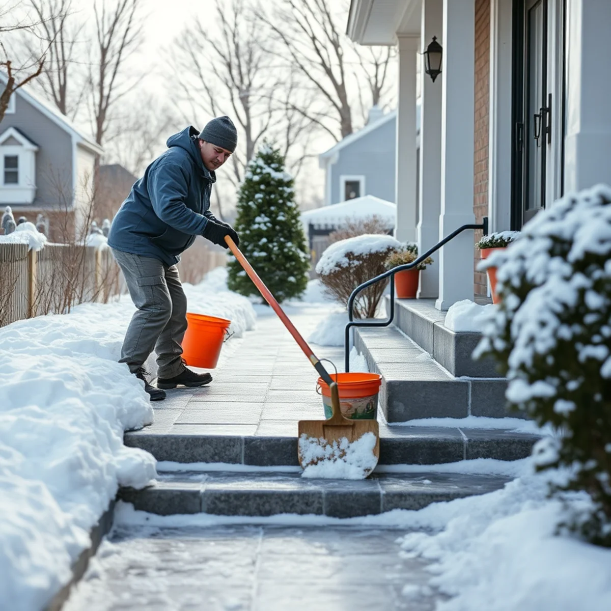 Landscaper shoveling a front walkway and steps after a Massachusetts snowstorm