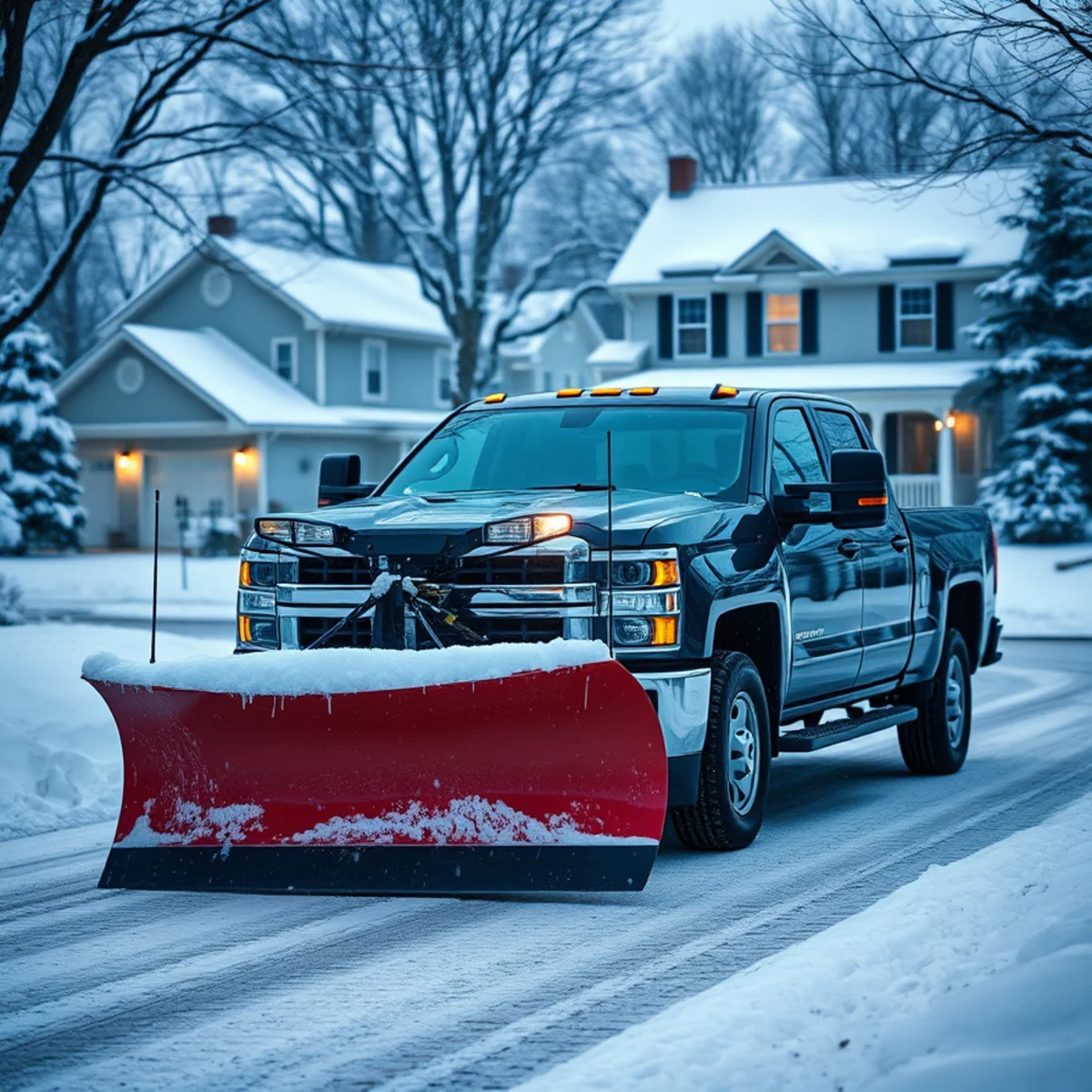 Truck plowing a residential driveway after a snowstorm in Whitman, MA