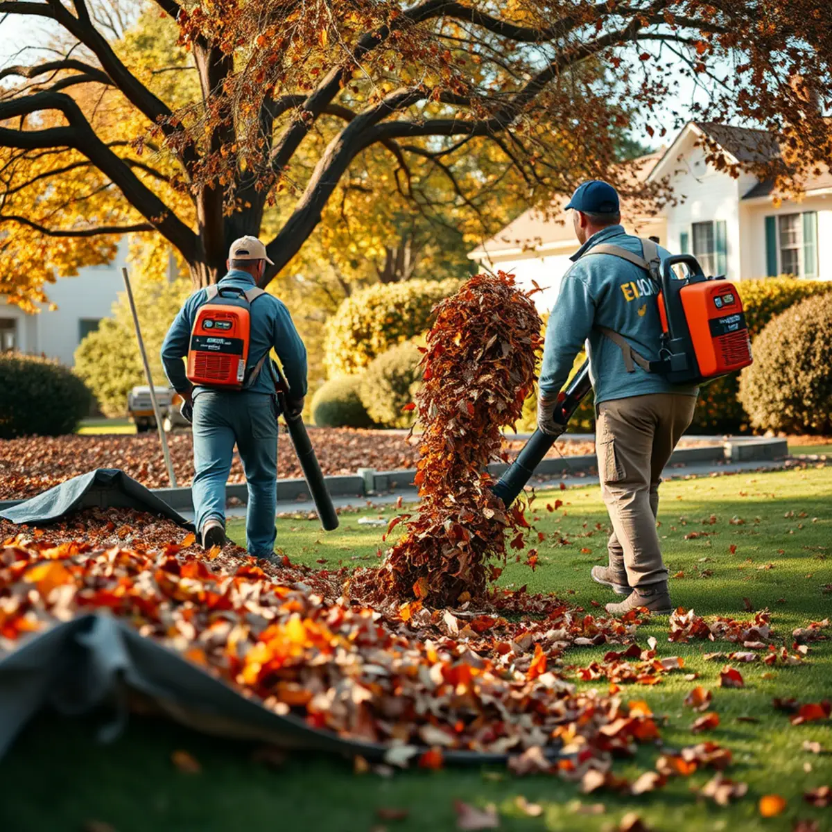 Landscaping crew blowing leaves into windrows during a fall cleanup in Whitman, MA