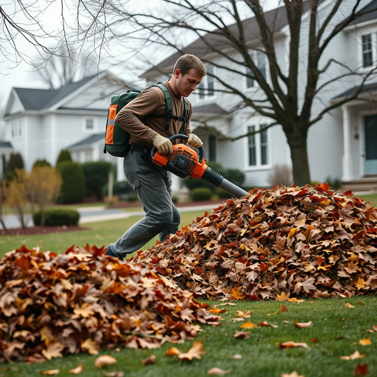 Landscaper raking leaves during a fall cleanup at a Whitman, MA home